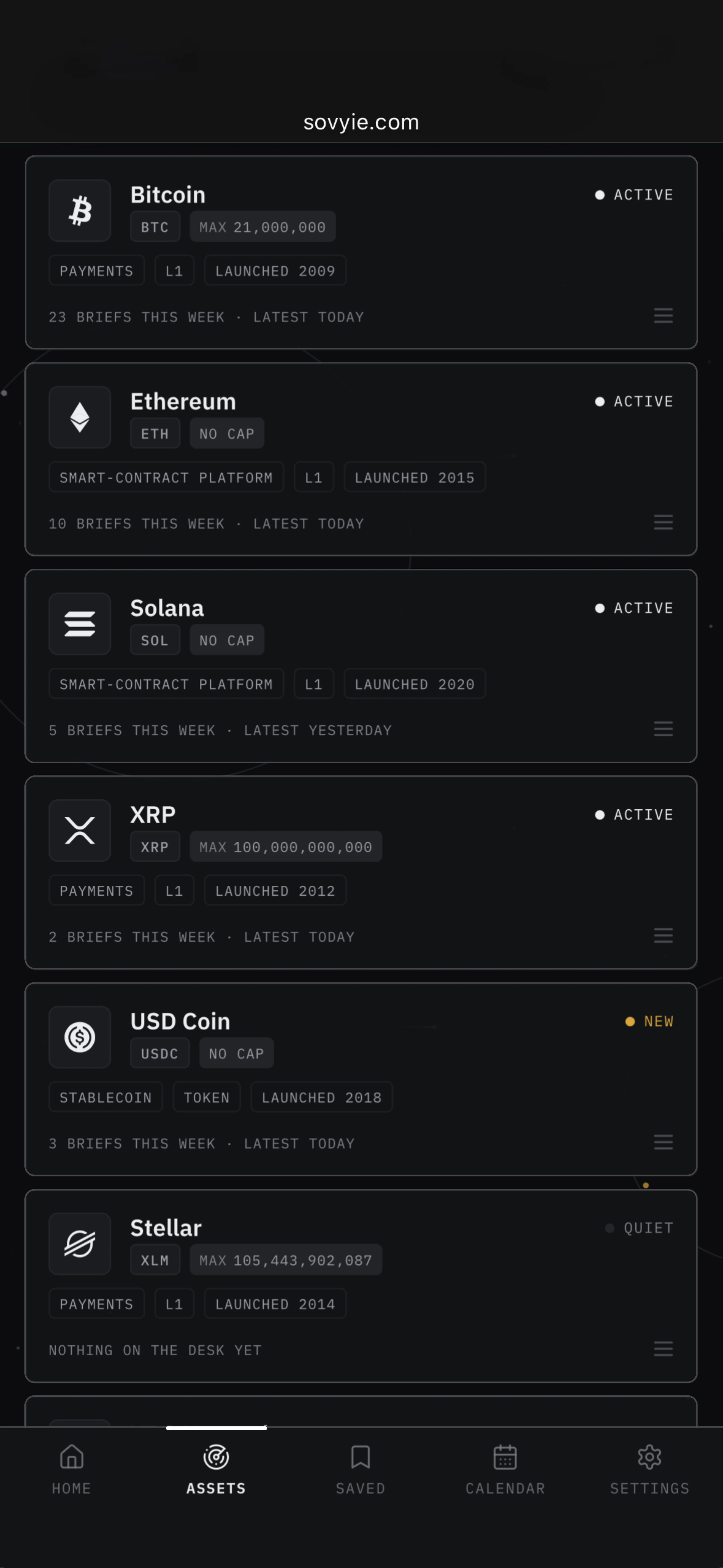 The Sovereign Yield Assets tab: a card per asset the reader follows, each with its ticker, supply, what it is for, and how busy the desk has been on it